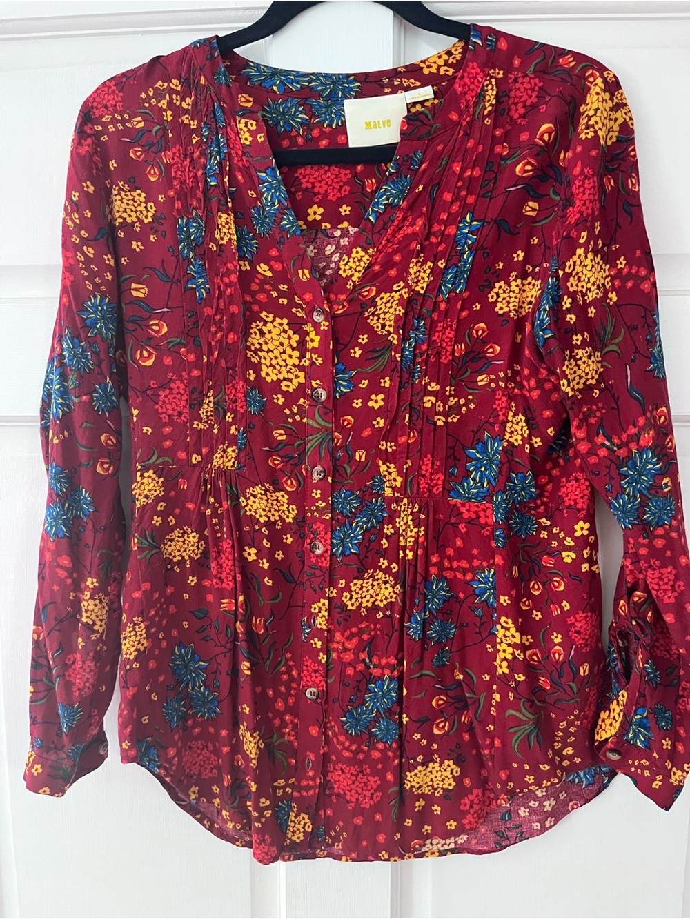 Maeve Red Floral Pintuck Button-Front Blouse